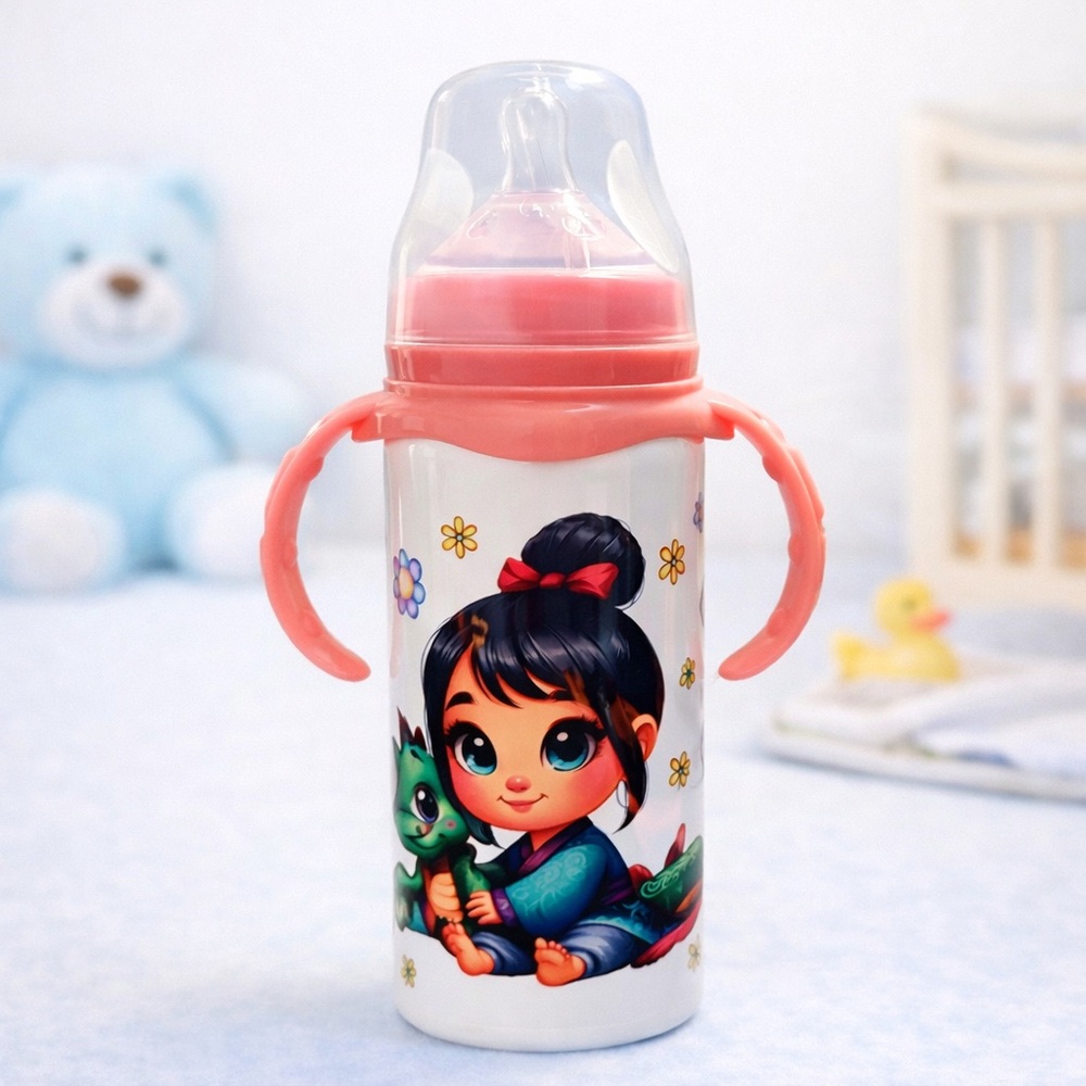 Blue-Handled Baby Bottle with Cute Cartoon Design 240ml